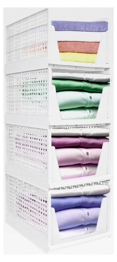 4er Set XXL Stapelbare Kunststoff-Schubladenbox, Multifunktionale & Faltbare Schubladen-Organizer für Kleidung, 33 * 43 * 25 cm, Weiß