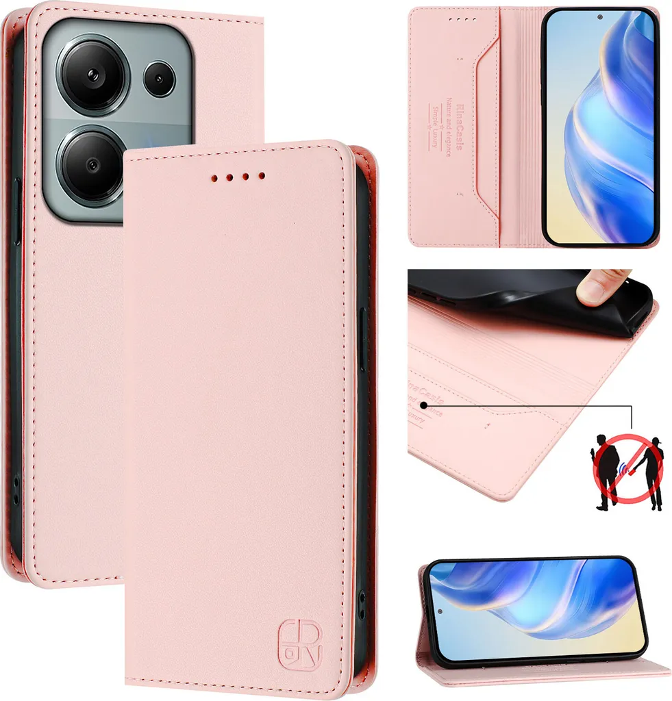 Custodia in pelle per Xiaomi Poco M6 Pro 4G/Redmi Note 13 Pro 4G, custodia flip con slot per carte, portafoglio e supporto Rosa