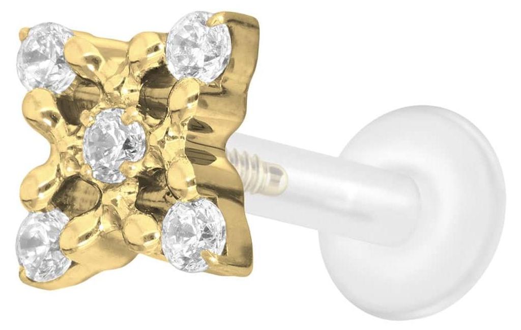 Ohrpiercing, Nasenpiercing PTFE Labret mit Innengewinde + Titan-Aufsatz KRISTALLBLUME Gold Stablänge: 8mm | Stabstärke: 1,6mm