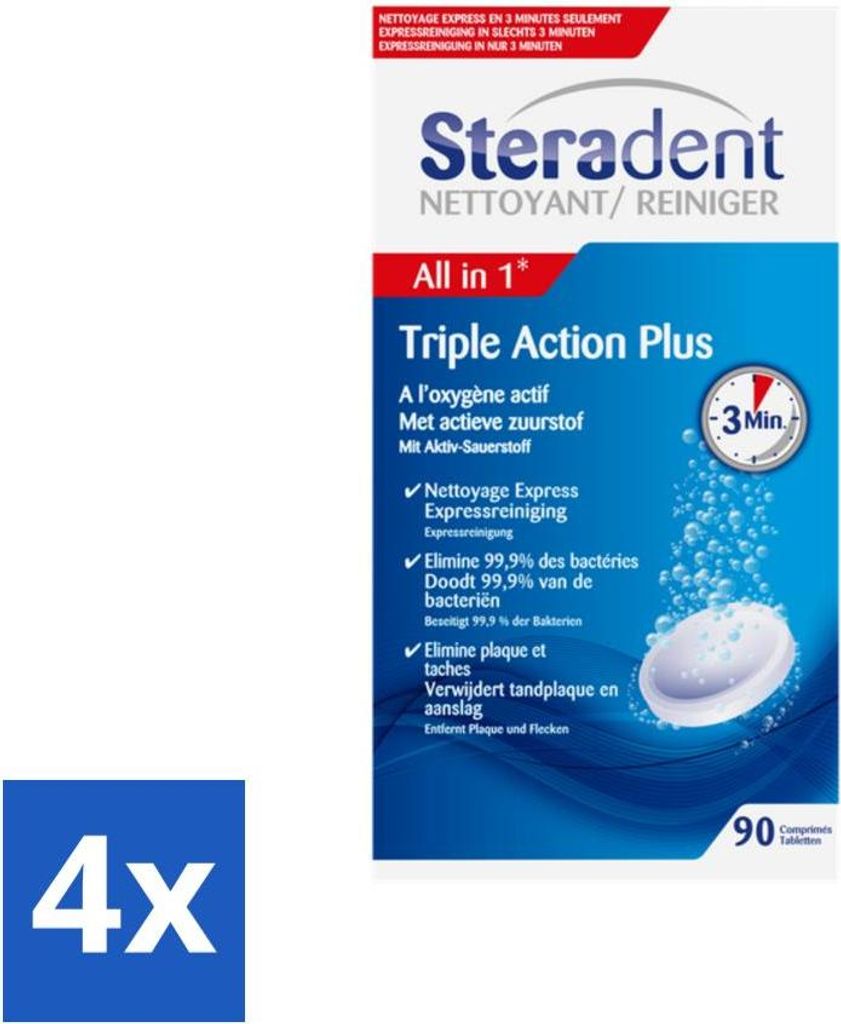 Steradent Triple Action Plus Prothesenreiniger 90 Tabletten - Vorteilspack - 4 Stücke