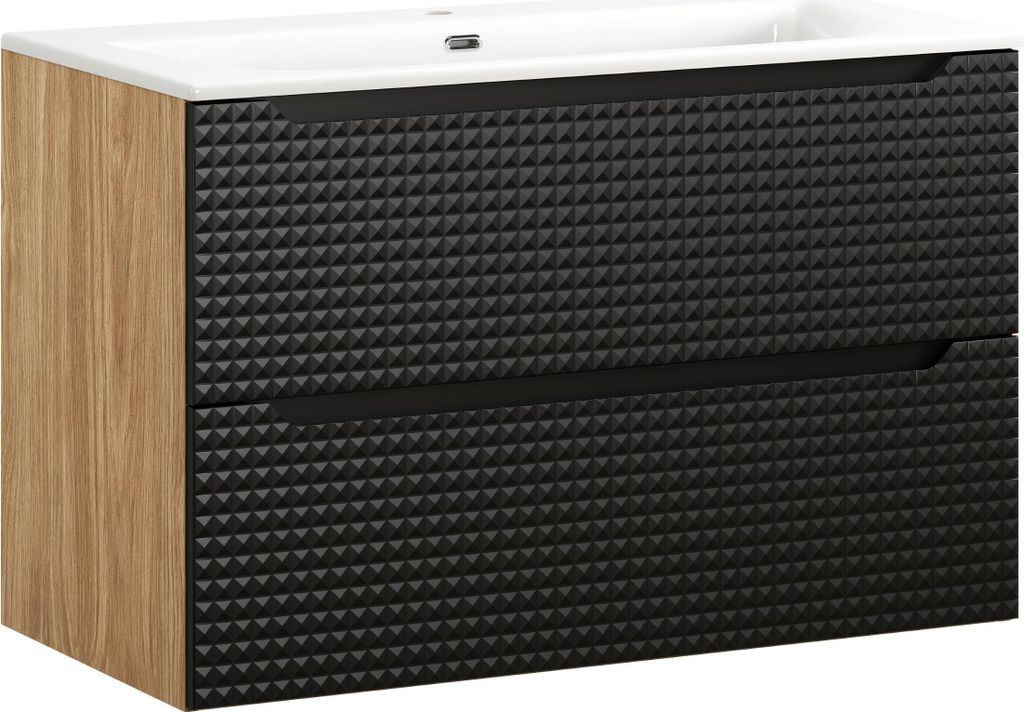 Badezimmerschrank 90 Cm Mit Waschbecken Sky Schwarz Matt Eiche Geölt 3D