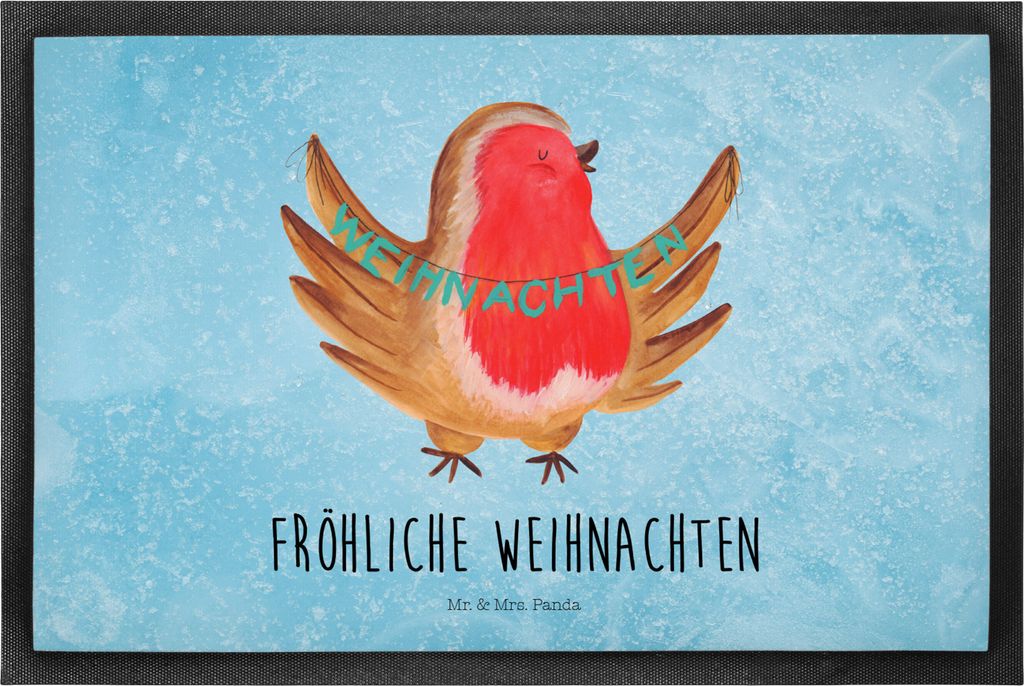 Mr. & Mrs. Panda Fussmatte Rotkehlchen Weihnachten 60 x 90 cm - Eisblau - Geschenk, Vogel, Türvorleger, Weihnachtsmotiv, Winter, fußmatte, Weihna...