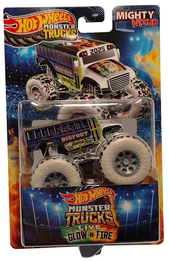 Hot Wheels Monster Trucks Mighty Mixup Bigfoot Bus – Glow-N-Fire Die-Cast Truck with Large Wheels (3+)