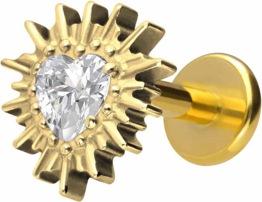 Ohrpiercing, Nasenpiercing Titan Labret mit Innengewinde KRISTALLHERZ + SONNENSTRAHLEN Gold Stablänge: 6mm | Stabstärke: 1,6mm