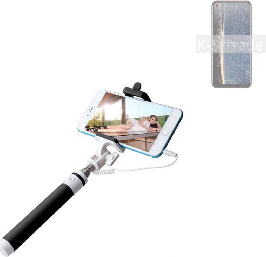 K-S-Trade Selfie Stick kompatibel mit HTC Desire 22 Pro Selfiestick kabelgebunden Monopod mit Kabel Stab Stange Selfportrait Handheldstick schwarz 1x