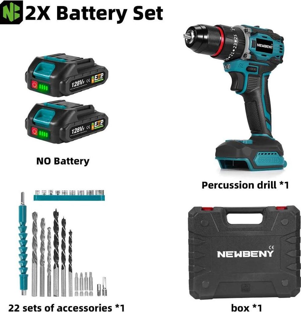 3-in-1 Akku Bohrschrauber - Schlagbohrmaschine - Bürstenloser Motor - 80 Nm Drehmoment - 1500/3000 U/min - 18V System - 2 Akkus Set B, EU Stecker