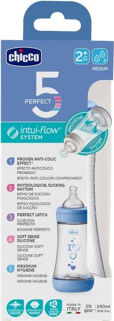 Chicco Flasche Perfect 5, Antikolik Flasche 240 ml, Durchfluss Medium, Baby 2m+, Silikon Schnuller,Bifunktion Stillflasche 240 ml mit Intui-Flow Sy...