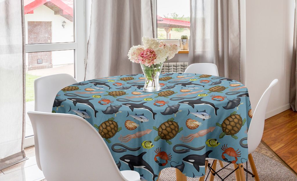 ABAKUHAUS Schildkröte Runde Tischdecke, Meerestiere Unterwasserszene, Kreis Tischdecke Abdeckung für Esszimmer Küche Dekoration, 150 cm, Blau Gr...