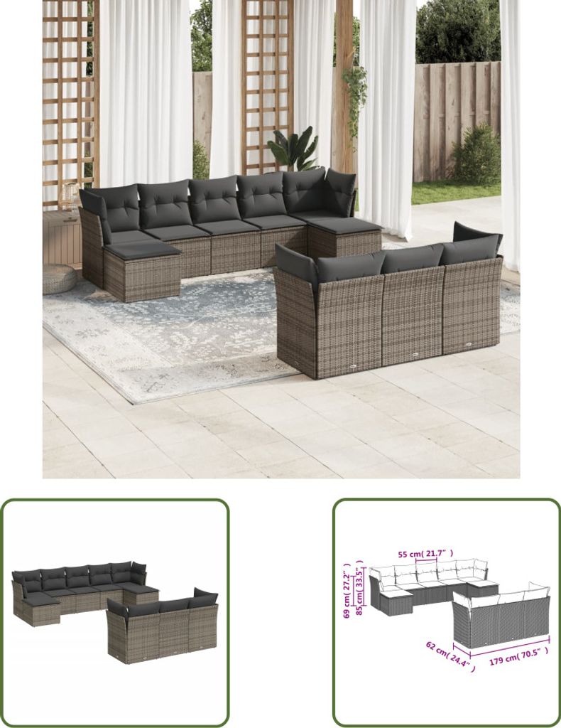 The Living Store 10-tlg. Garten-Sofagarnitur mit Kissen Grau Poly Rattan