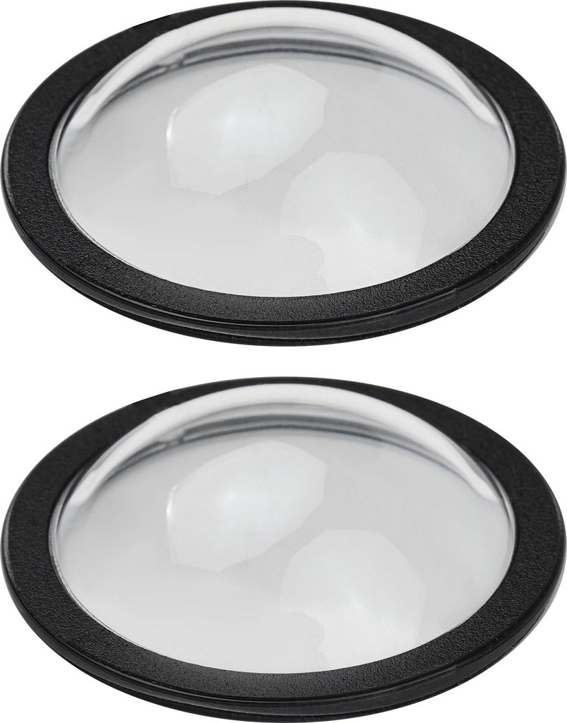 Two identical clear dome-shaped lens protectors with black rims are shown against a white background.