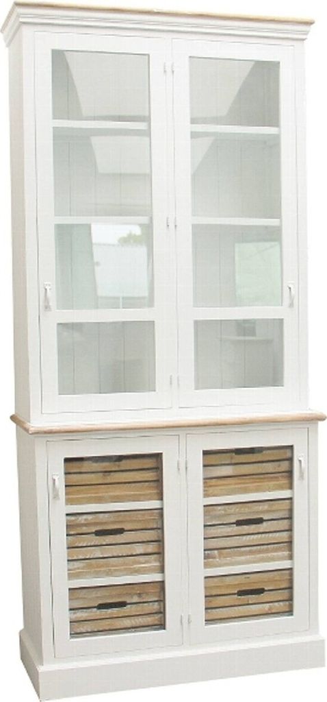 Casa Padrino Landhausstil Vitrinenschrank Antik Weiß / Naturfarben 93 x 40 x H. 200 cm - Landhausstil Kollektion
