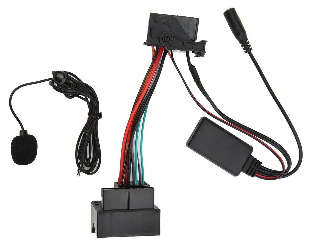 A car audio adapter cable with a microphone and a Bluetooth module, laid out on a white background.