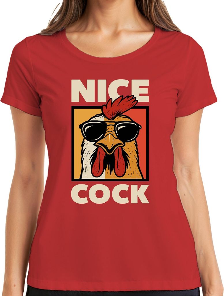Nice Cock witziger Hahn Sonnenbrille Retro Bauernhof Geschenk Damen T-Shirt, Rot, S