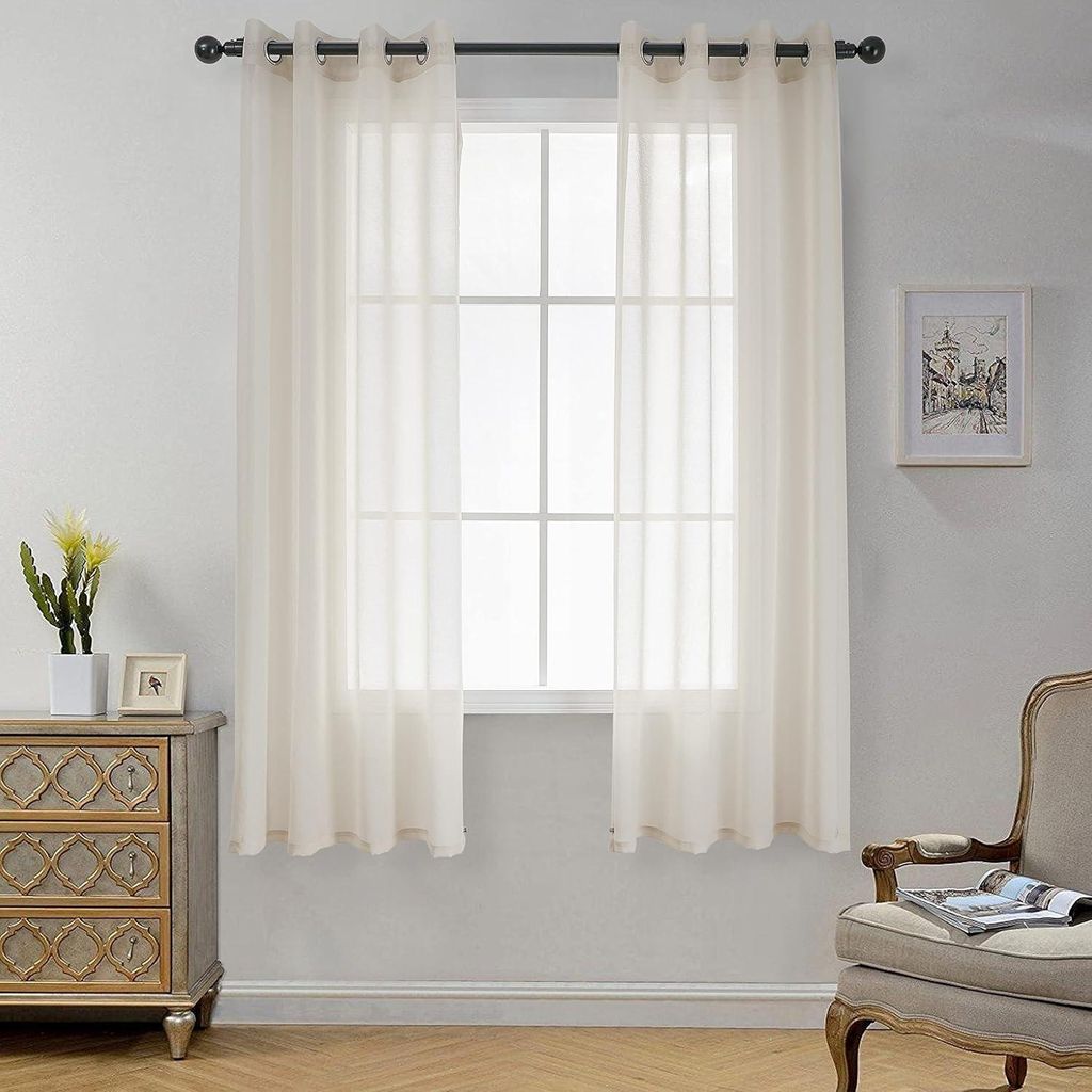 Lot de 2 rideaux transparents en lin, prêts à poser, beige, Image du produit 