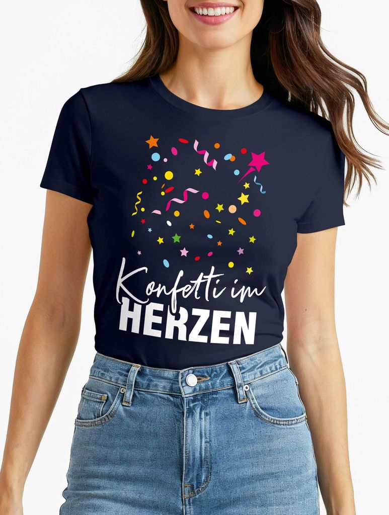 Damen T-Shirt Fasching Karneval Konfetti im Herzen Kostüm-Ersatz Verkleidung Funshirt Frauen Moonworks