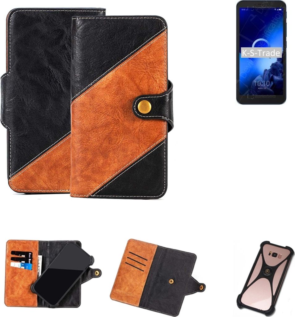 K-S-Trade Handyhülle Schutzhülle Bookstyle Case Wallet-Case kompatibel mit Alcatel 1V Handy Cover Bumper Klapphülle schwarz hellbraun 1x