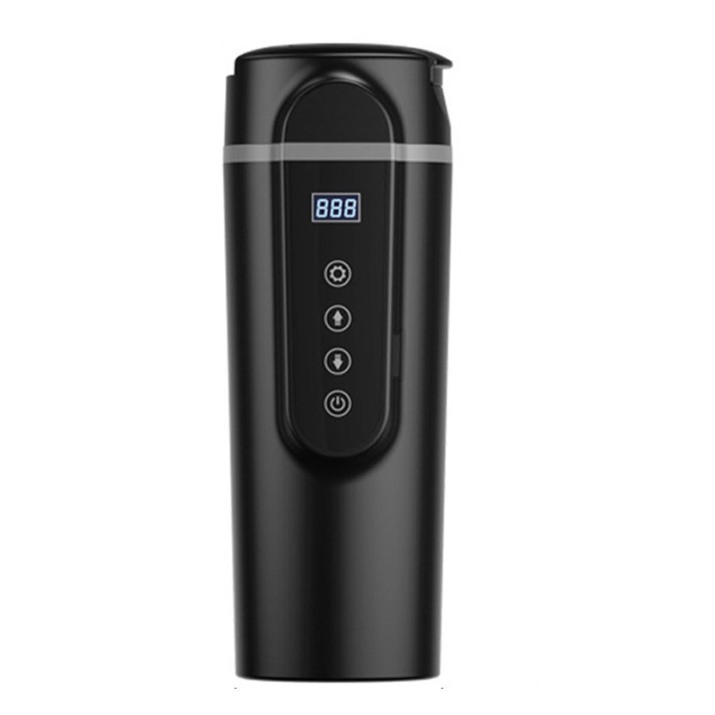 A black electric travel mug with a digital display and control buttons.