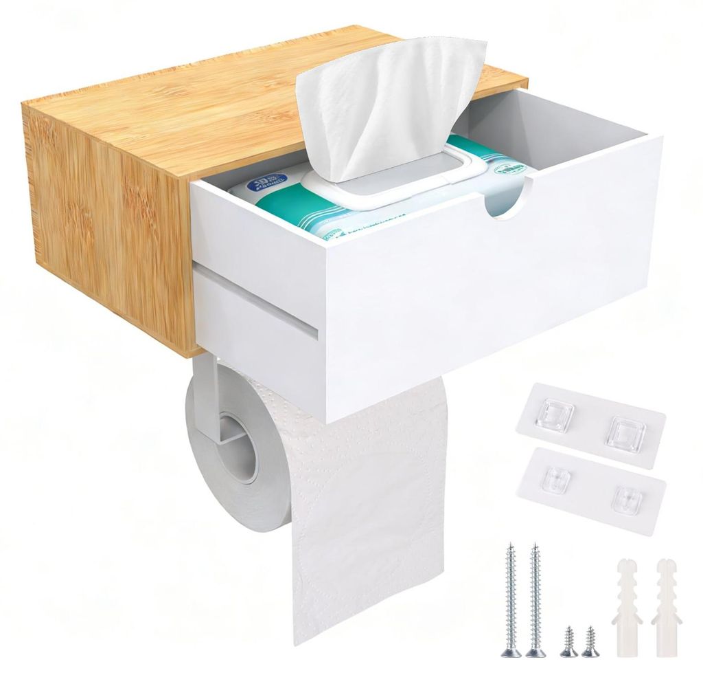 Toilettenpapierhalter mit Feuchttuchspender, selbstklebend, aus Bambus und Edelstahl, Wandmontage ohne Bohren, Toilettenpapierhalter mit Ablage fü...