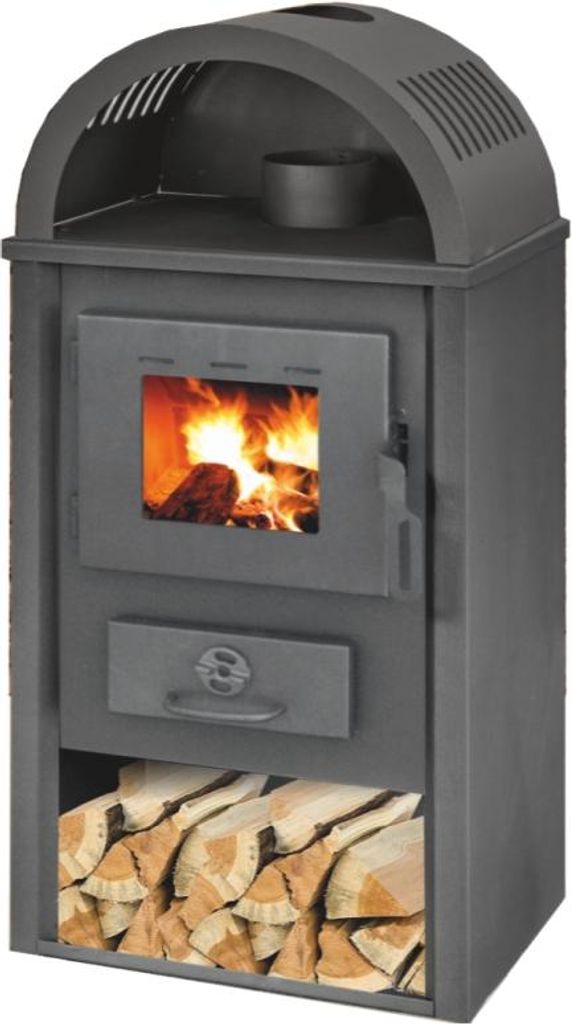 A black wood-burning stove with a glass door showing a fire, and a storage compartment for firewood at the bottom.