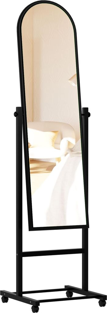 Standspiegel VERONA - Holz Schwarz 39x39x151 cm | Mobiler Ganzkörperspiegel Freistehender Spiegel Mit Rollen