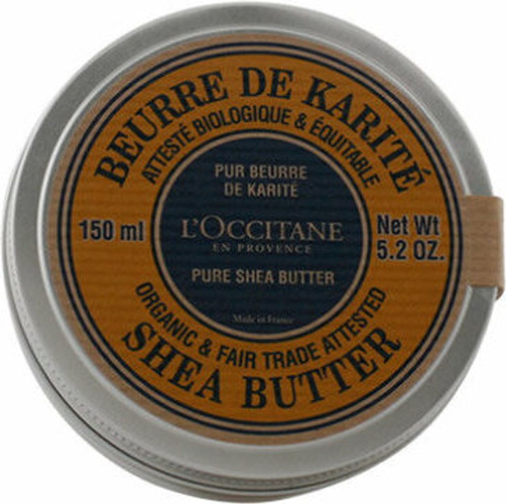 A top-down view of a round metal tin of L'Occitane Pure Shea Butter.