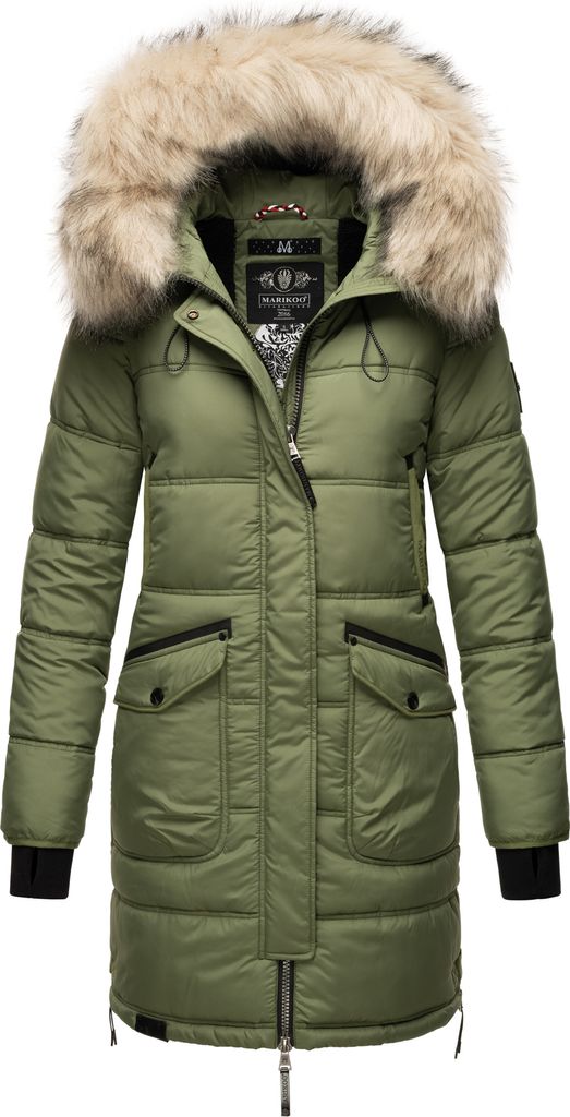 Marikoo Chaskaa Damen Winter Steppjacke mit Kapuze Wintermantel Parka Kunstfellkragen Olive Gr. 44 - XXL