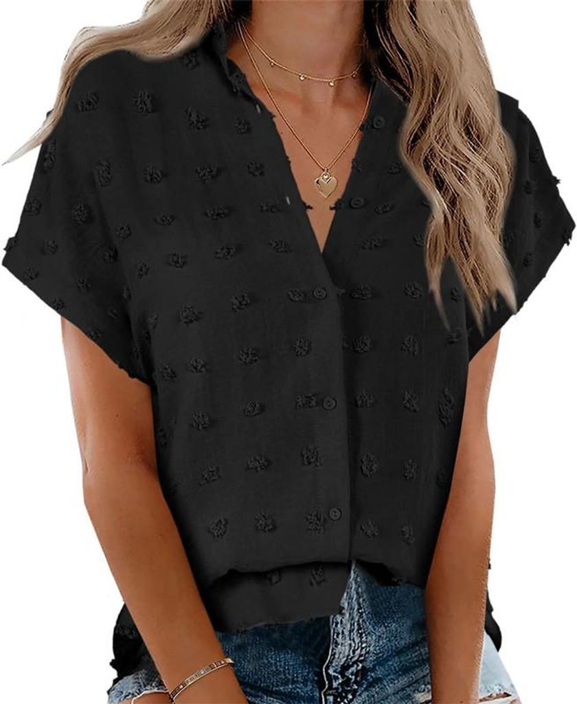Imily Bela Kurzarmbluse mit V-Ausschnitt, Knopfleiste und Taschen für Damen