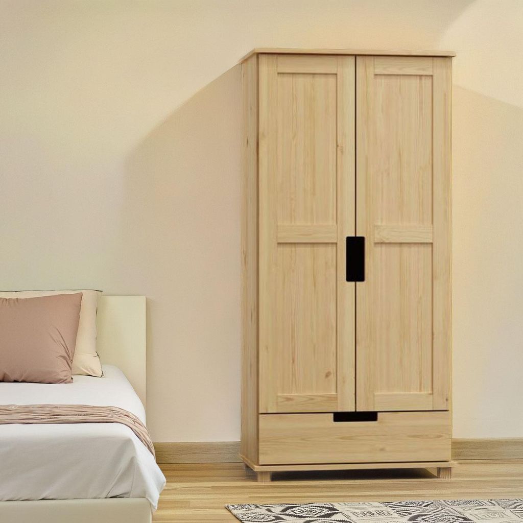 Kleiderschrank | 2 Drehtüren | 1 Schublade | mit Kleiderstange | 90 cm breit | Massivholz | Farbe: Natur