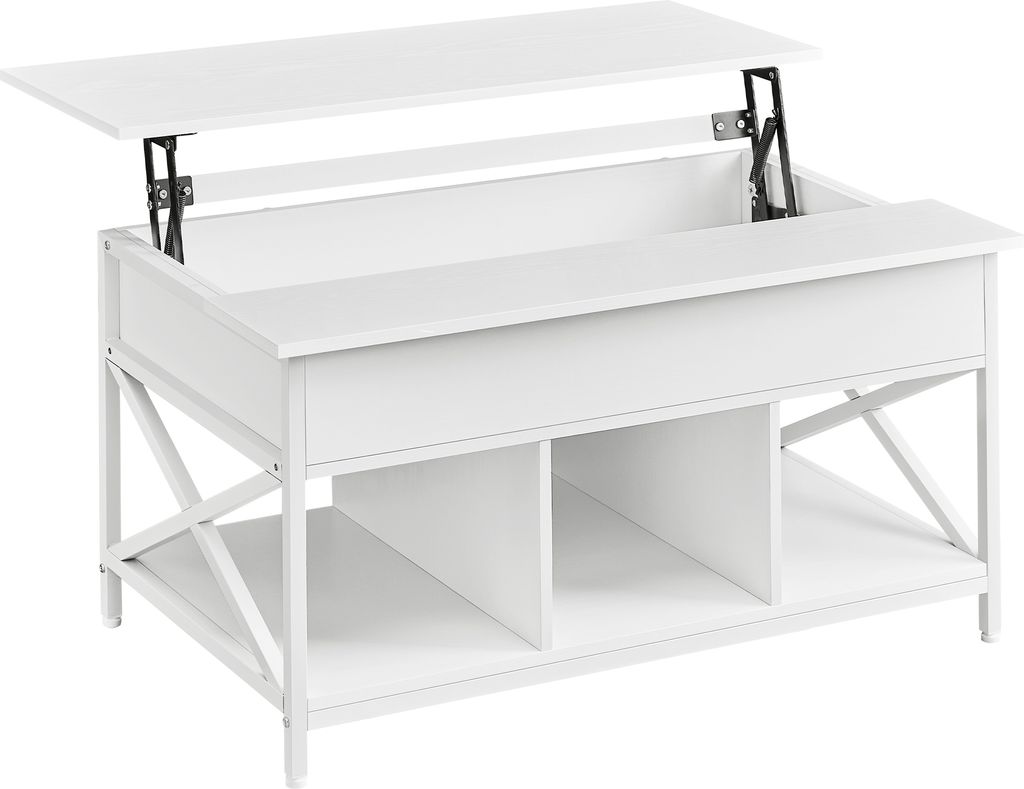 A white lift-top coffee table with open storage compartments below.