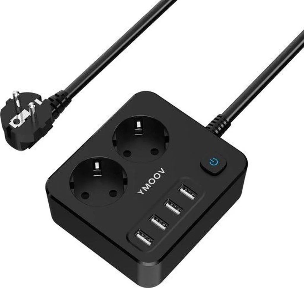 Multiprise 6 prises anti-surcharge 4000W avec USB, Noir, Câble flexible