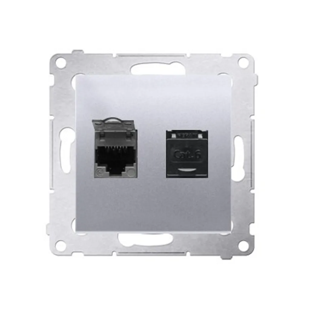 Double Prise RJ45 Simon 54 pour Réseau Domestique Cat6 UTP Argentée