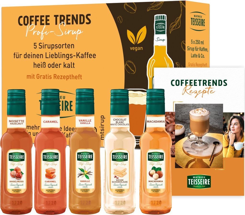 Teisseire Sirup Caramel Haselnuss Macadamia Vanille weisse Produktbild 