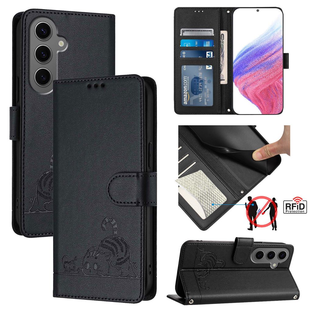 Leder Hülle für Samsung Galaxy S25 FE Süße Katze Flip Case Brieftasche Schutzhülle mit Standfunktion Schwarz