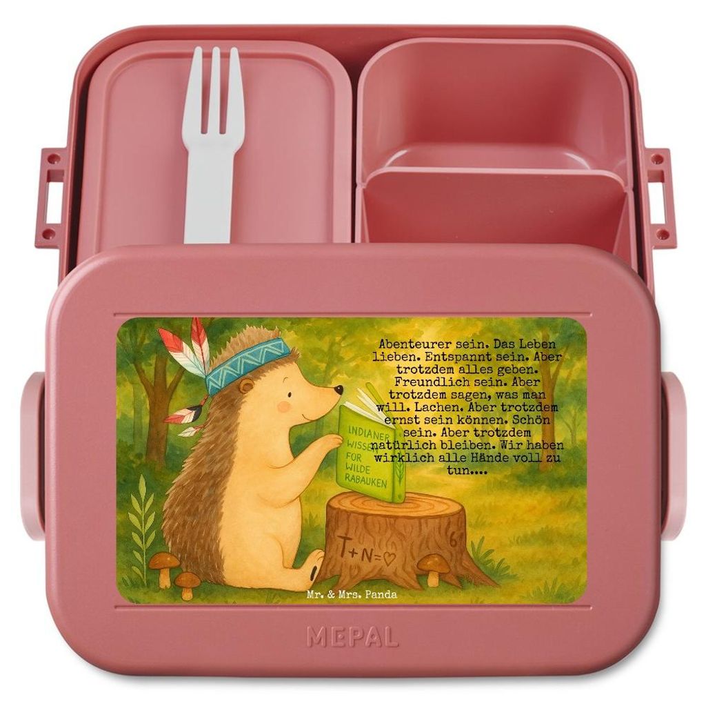 Mr. & Mrs. Panda Bentobox Igel Federschmuck Design - Rot Pastell - Geschenk, Snackbox, Essensbox, Abenteuer, Vesperbox, Lagerfeuer, Waldtiere, Bent...