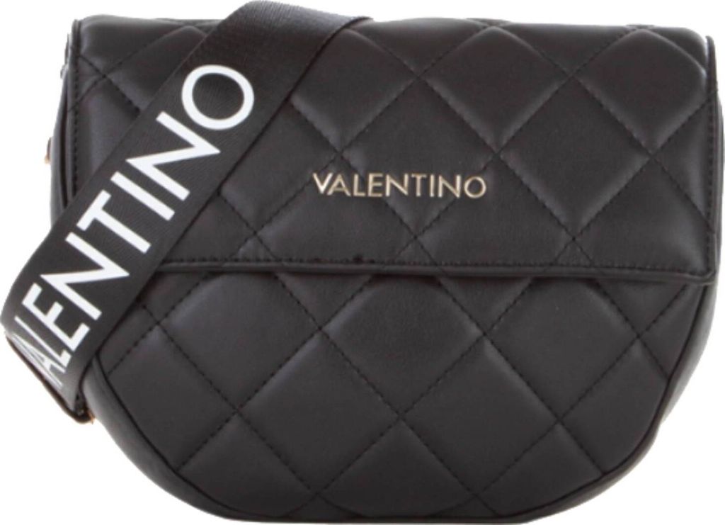 A black Valentino handbag with a quilted pattern and a branded strap.