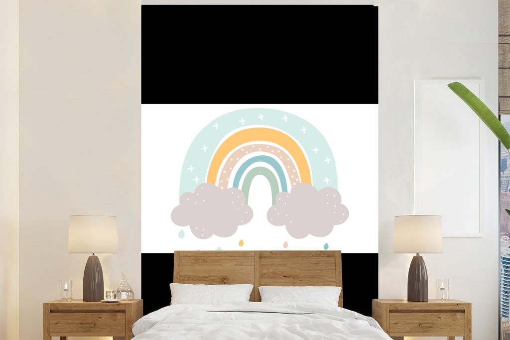 MuchoWow Fototapete für Wohnzimmer oder Schlafzimmer Wandtapete Vinyl Motivtapete Regenbogen - Wolken - Regen - Kinder - Pastell - 420x280 cm - ...