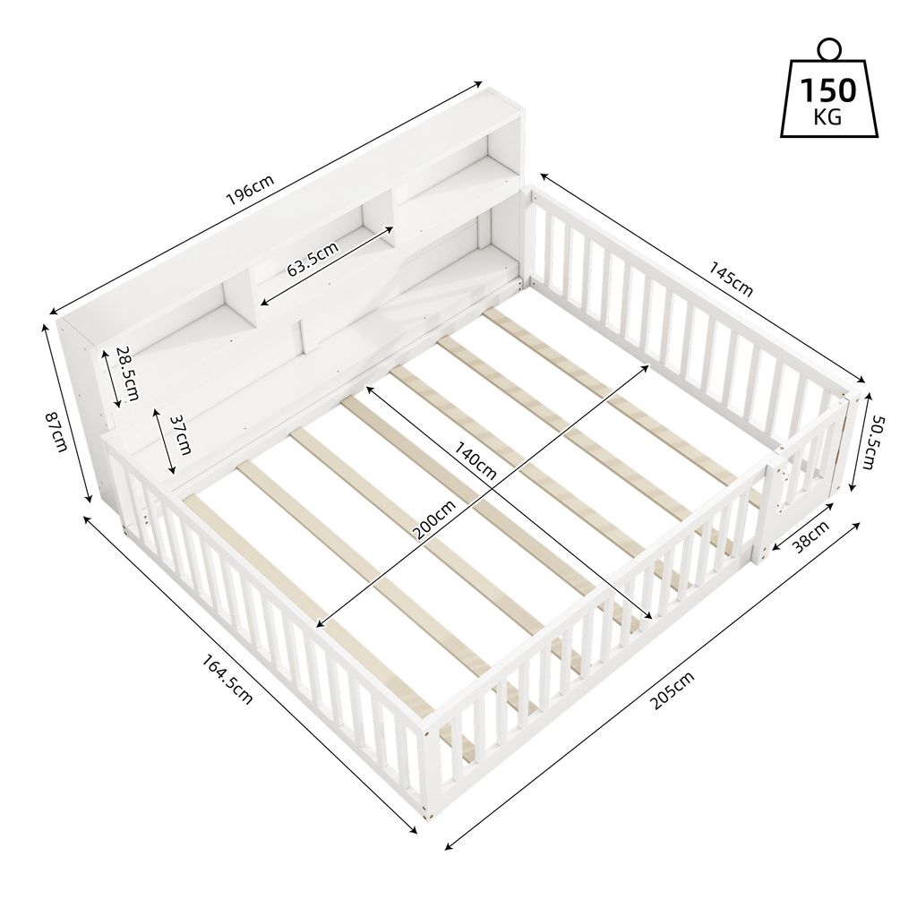 A white wooden bed frame with a slatted base and a headboard with shelves, shown from a diagonal top-down view. Dimensions are marked on the image.