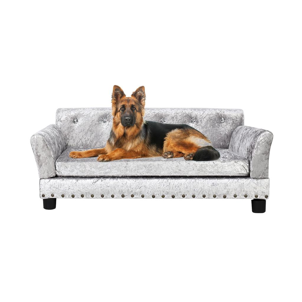 FATIVO Hundesofa L 95x70x40 cm: Luxus Samt Hundecouch für große Hunde, erhöhtes Hundebett mit Kissen & Rückenlehne, Grau