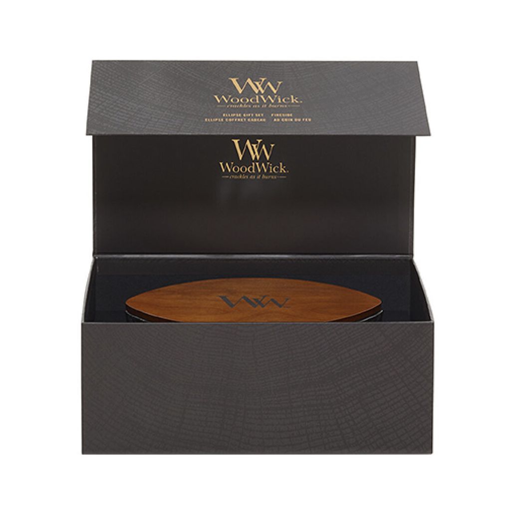An open gift box with a wooden lid inside.