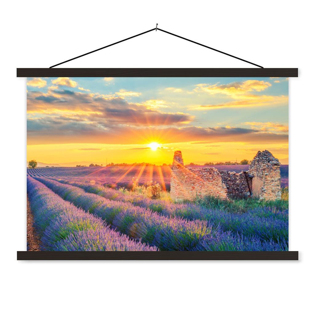 MuchoWow Textilposter Lavendel - Sonnenuntergang - Ruine - Lila 60x40 cm mit schwarzem Rahmen - Hölzernes