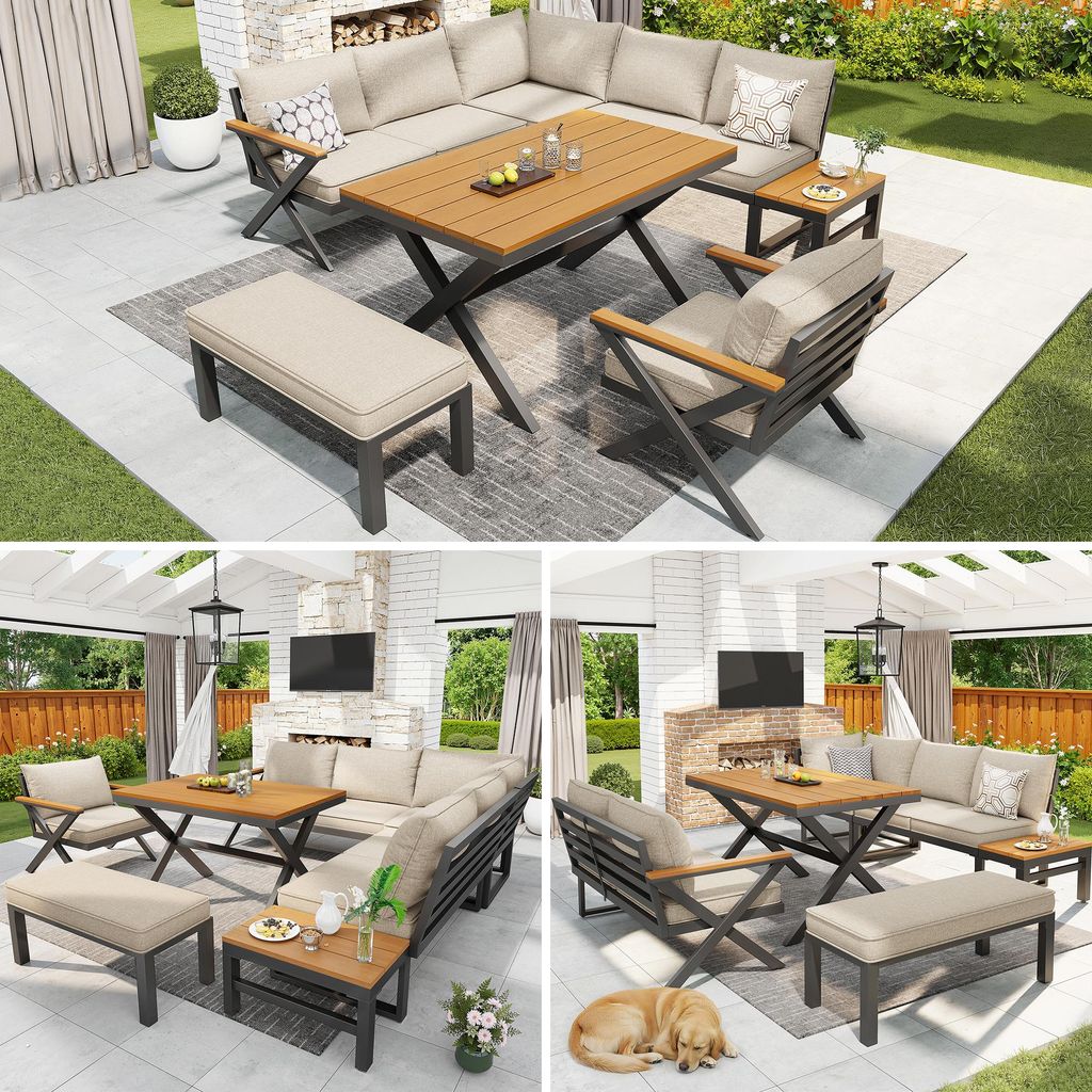Modulare Outdoor-Sitzgruppe mit modernem X-Design, robustem Metallrahmen, 10cm dicken Kissen und Holztischen, verstellbare Füße für Terrasse, Ba...
