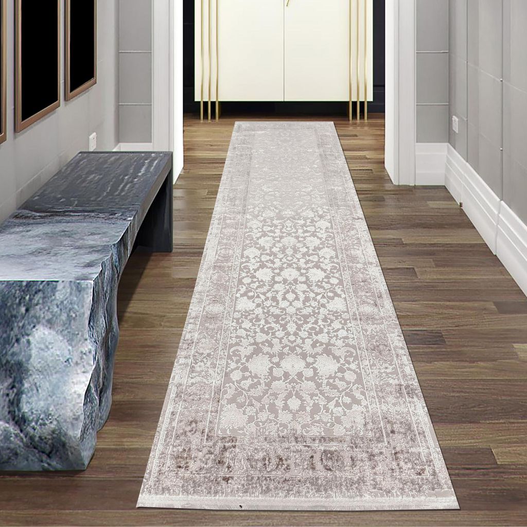 Orientalischer Wollteppich im Vintage-Stil mit klassischem Muster pflegeleicht strapazierfähig und zeitlos elegant in Creme Größe - 80 x 300 cm