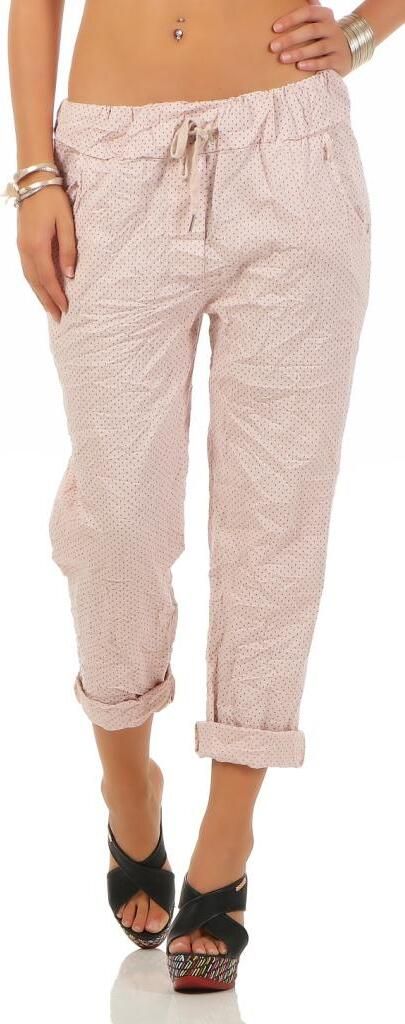 217 Damen Hose Freizeithose Stoffhose lockere Sommerhose Leinenhose gepunktet mit Tunnelzug und Punkte Print One Size S M L 36 38 40 Rosa-Beige