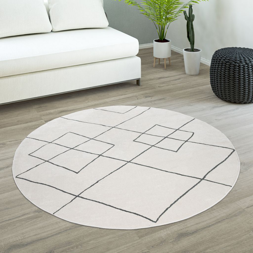 Teppich Rund Wohnzimmer Kurzflor Mit Modernem Skandi Rauten Muster Hell Grösse 200 cm Rund
