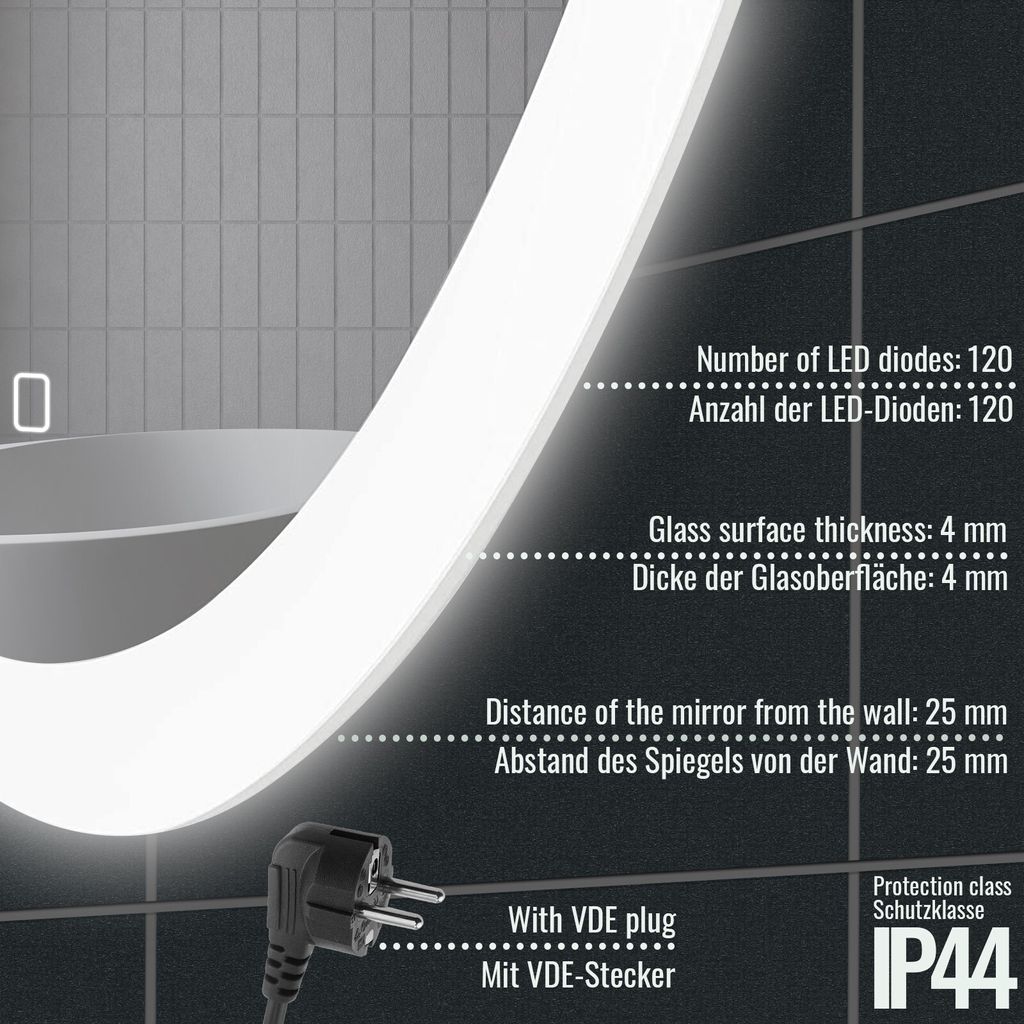 Aquamarin® LED Badspiegel - Ø60 cm, Rund, Beschlagfrei, Produktbild 8