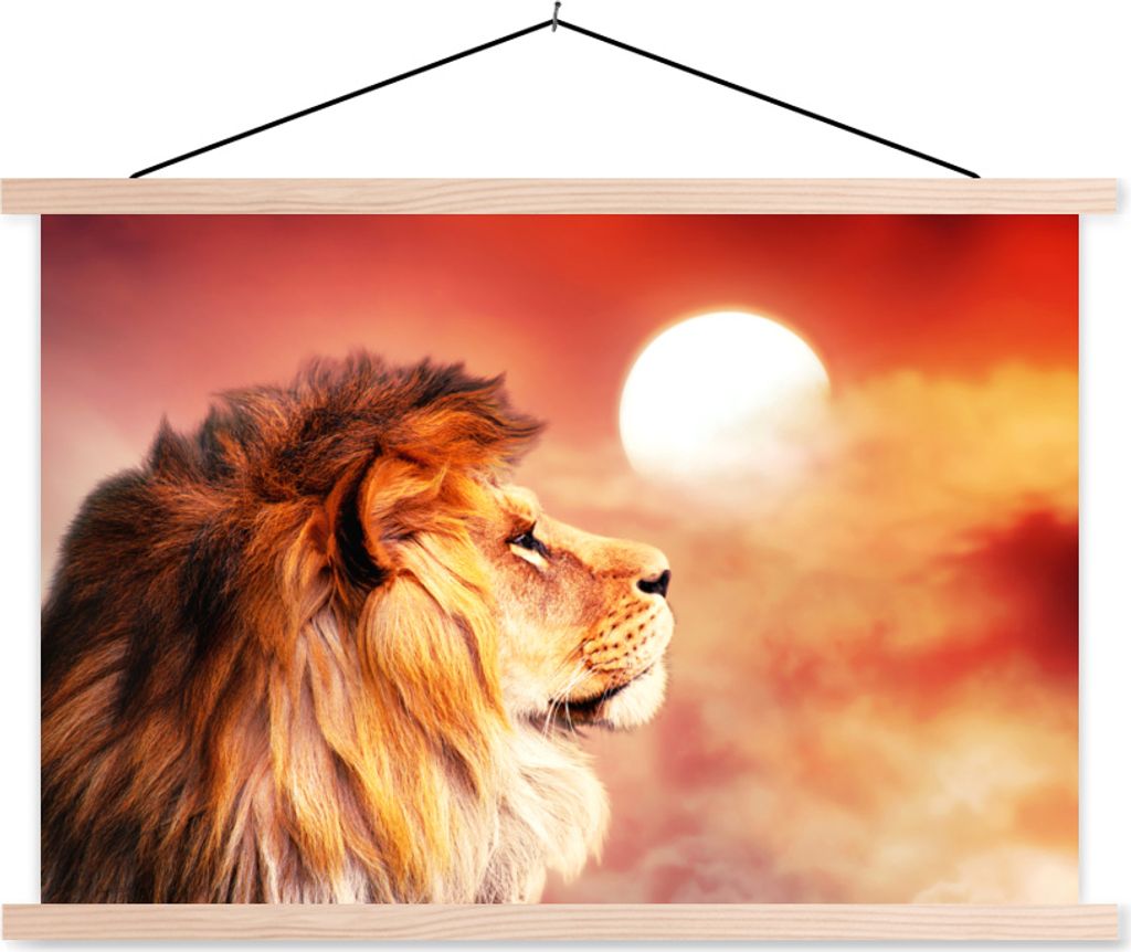 MuchoWow Textilposter Löwen - Sonne - Rot 60x40 cm mit holzfarbenen Rahmen - Bilder