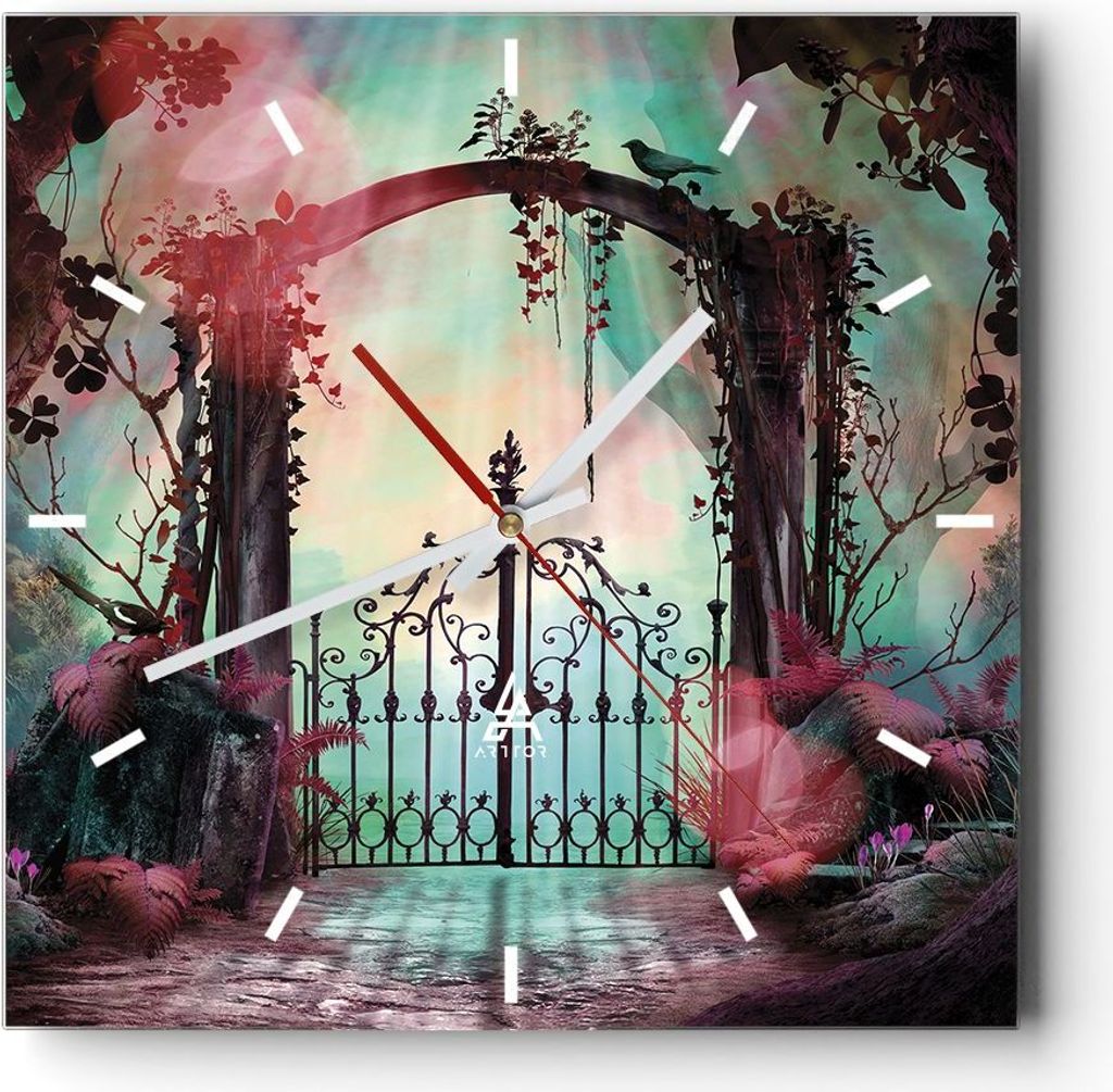 Wanduhr - Quadrat - Glasuhr - Fantasie Tor Garten - 40x40cm - Schleichendes Uhrwerk - Lautlos - zum Aufhängen bereit - Dekoration Modern - Wanddek...