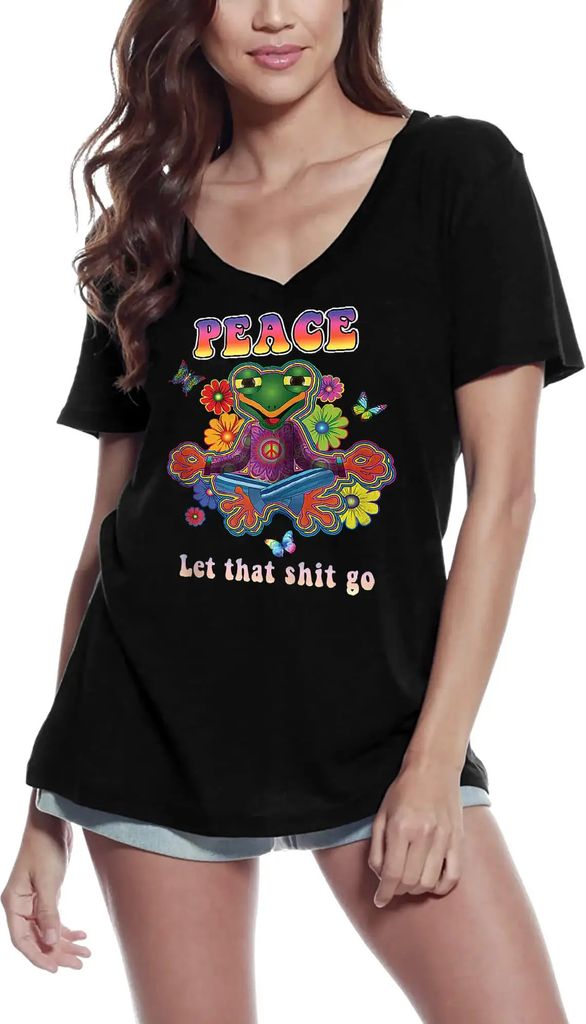 Damen Grafik T-Shirt V-Ausschnitt Buddha Frosch Frieden - lass die Scheiße los - spirituelles Yoga – Buddha Frog Peace - Let That Shit Go - Spir...
