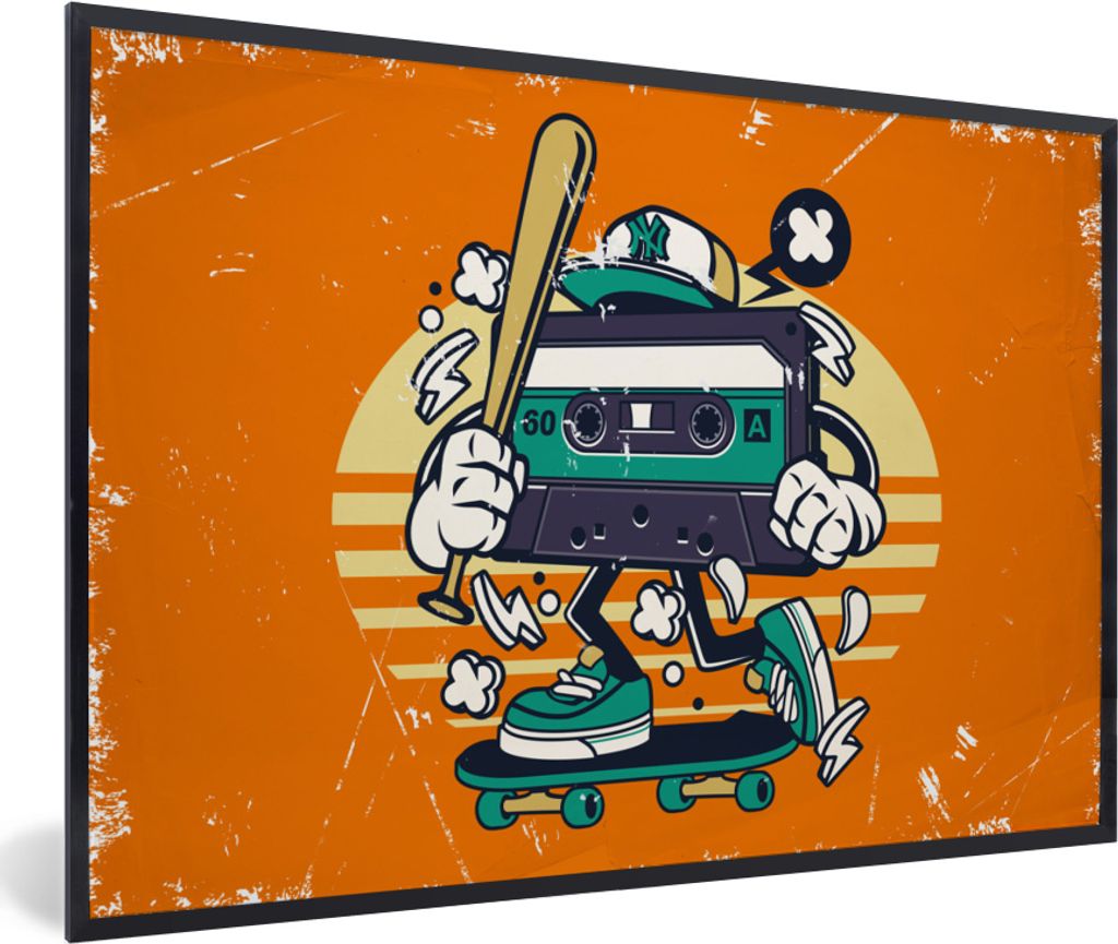 MuchoWow MuchoWow Gerahmtes Poster Kassette - Skateboard - Vintage 60x40 cm - Poster mit zchwarzem Bilderrahmen - Printing - Wanddeko Schlafzimmer