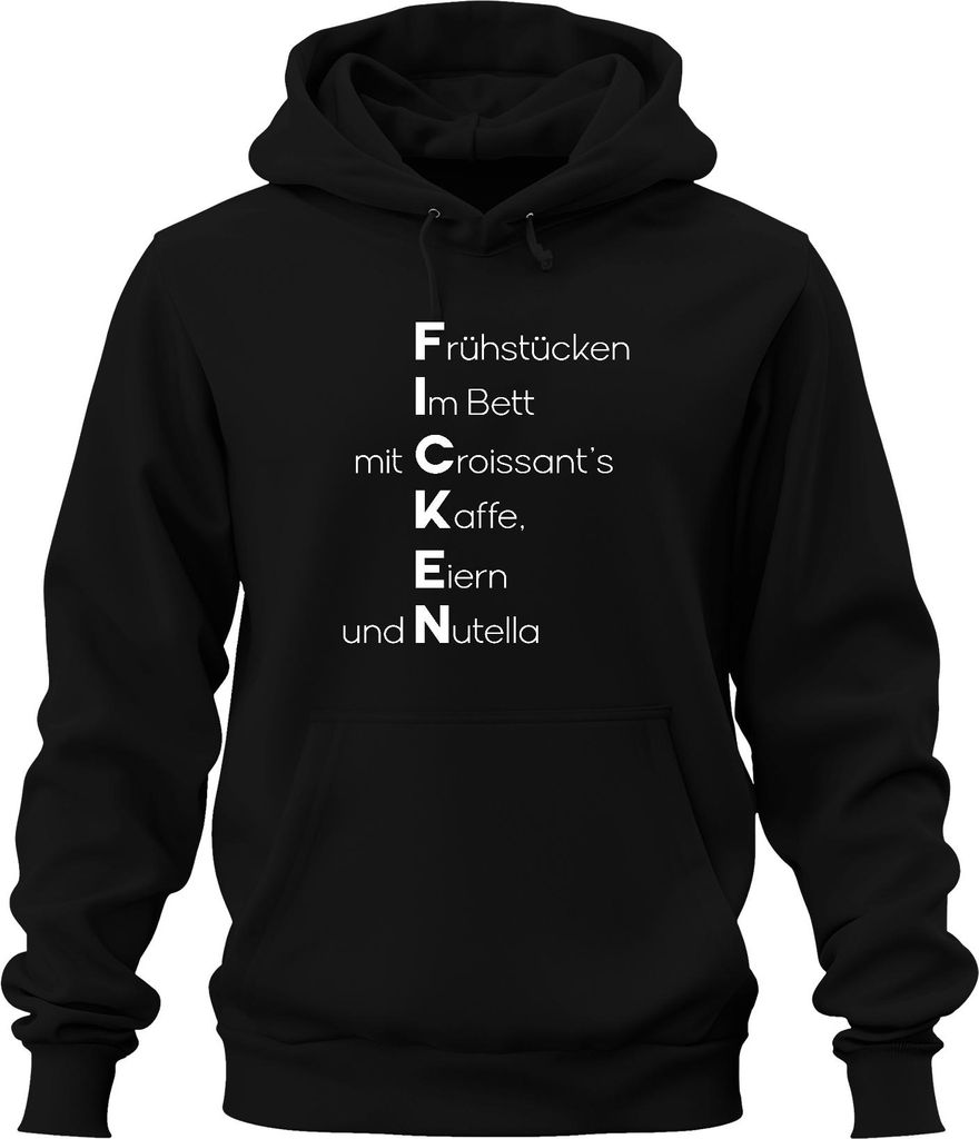 Frühstück im Bett mit Croissant Kaffee Schokocreme Lustig Spruch Uni Hoodie Kapuzenpullover, Schwarz, XL